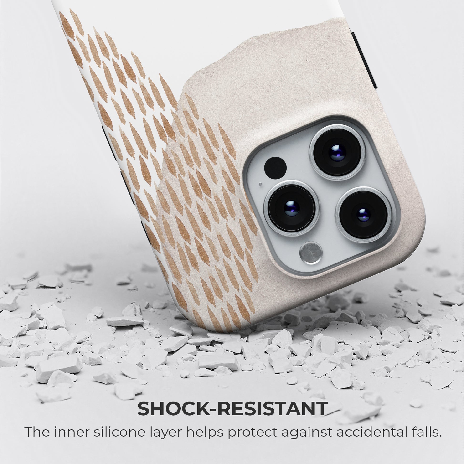 Minimal beige abstract tough phone case with shock resistant design featuring inner silicone layer that absorbs impact and protects against accidental drops