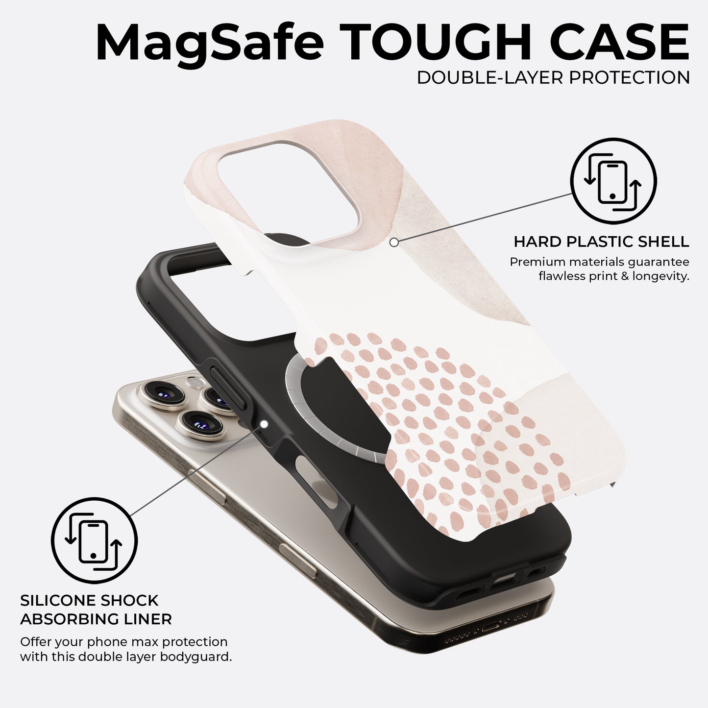 Minimalist beige abstract dots MagSafe tough phone case with double layer protection and shock absorbing silicone liner