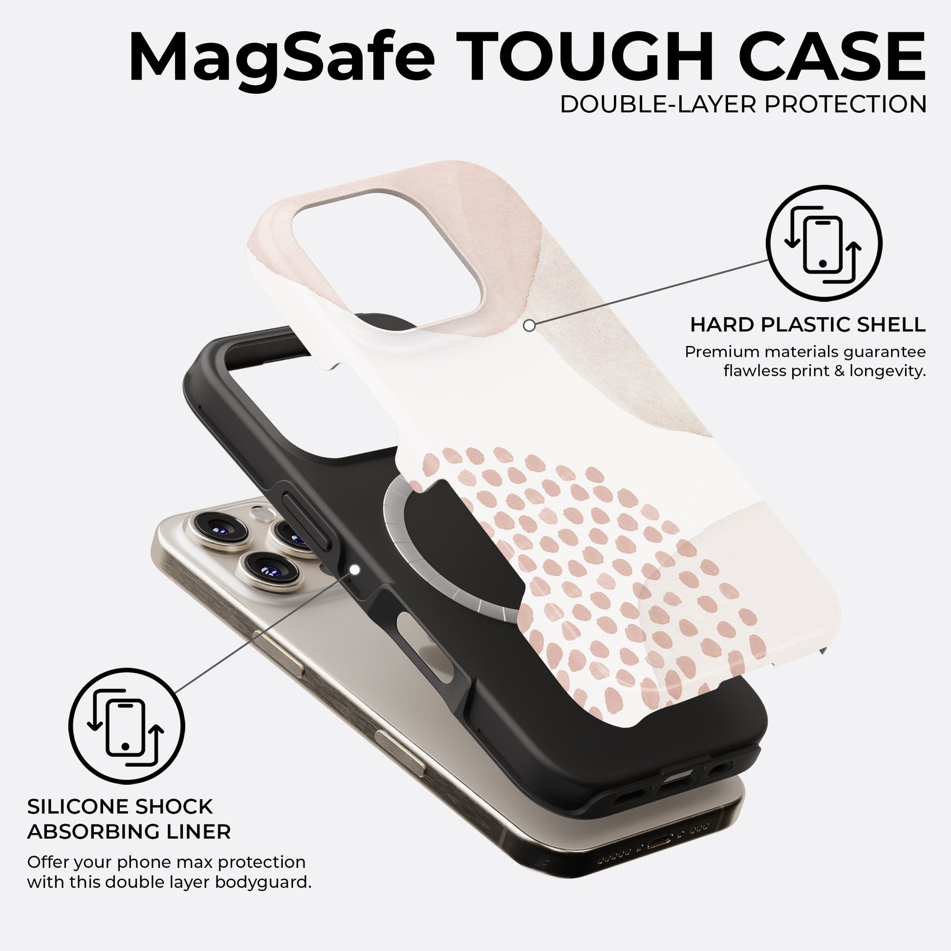 Minimalist beige abstract dots MagSafe tough phone case with double layer protection and shock absorbing silicone liner