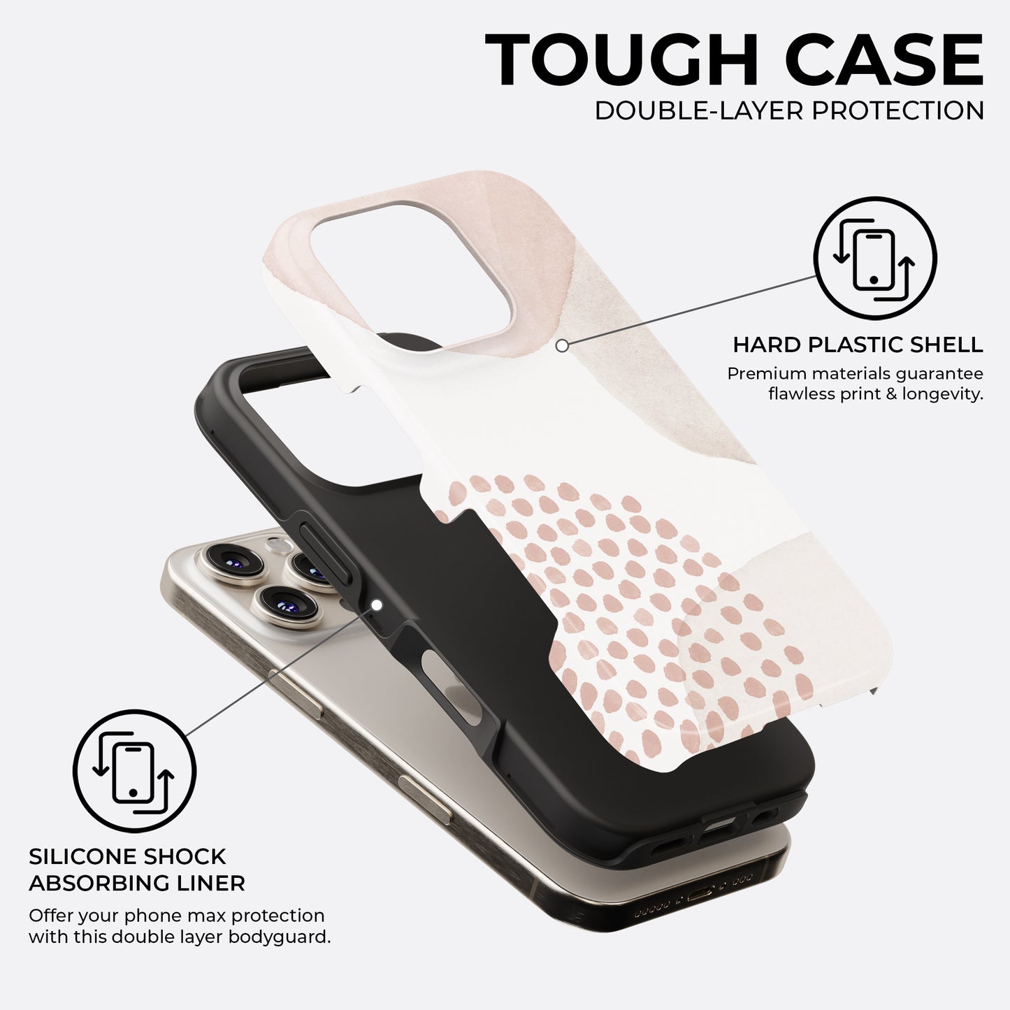 Minimalist beige abstract dots tough phone case showing double-layer design with hard plastic shell and silicone shock absorbing liner