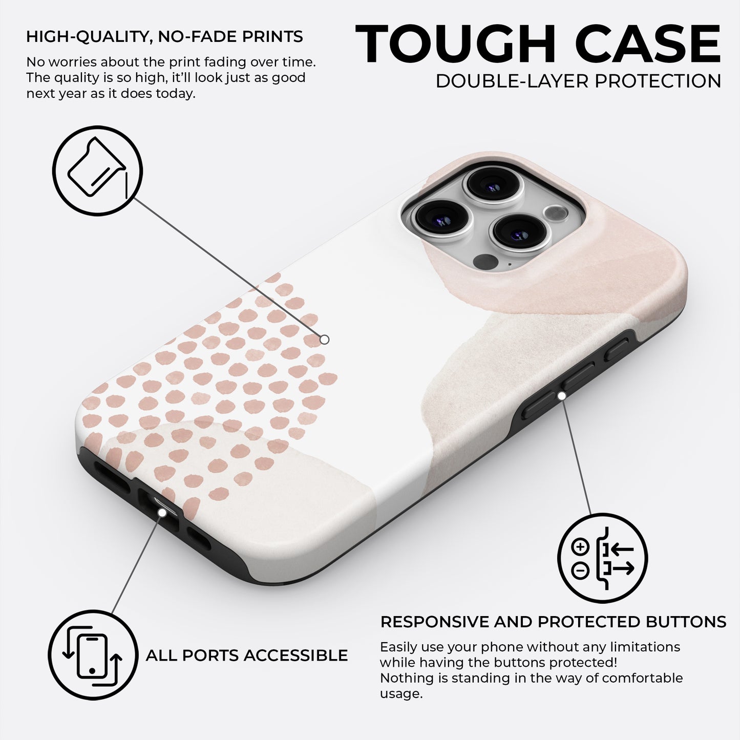 Minimalist beige and pink abstract dots tough phone case with double-layer protection and precise button cutouts