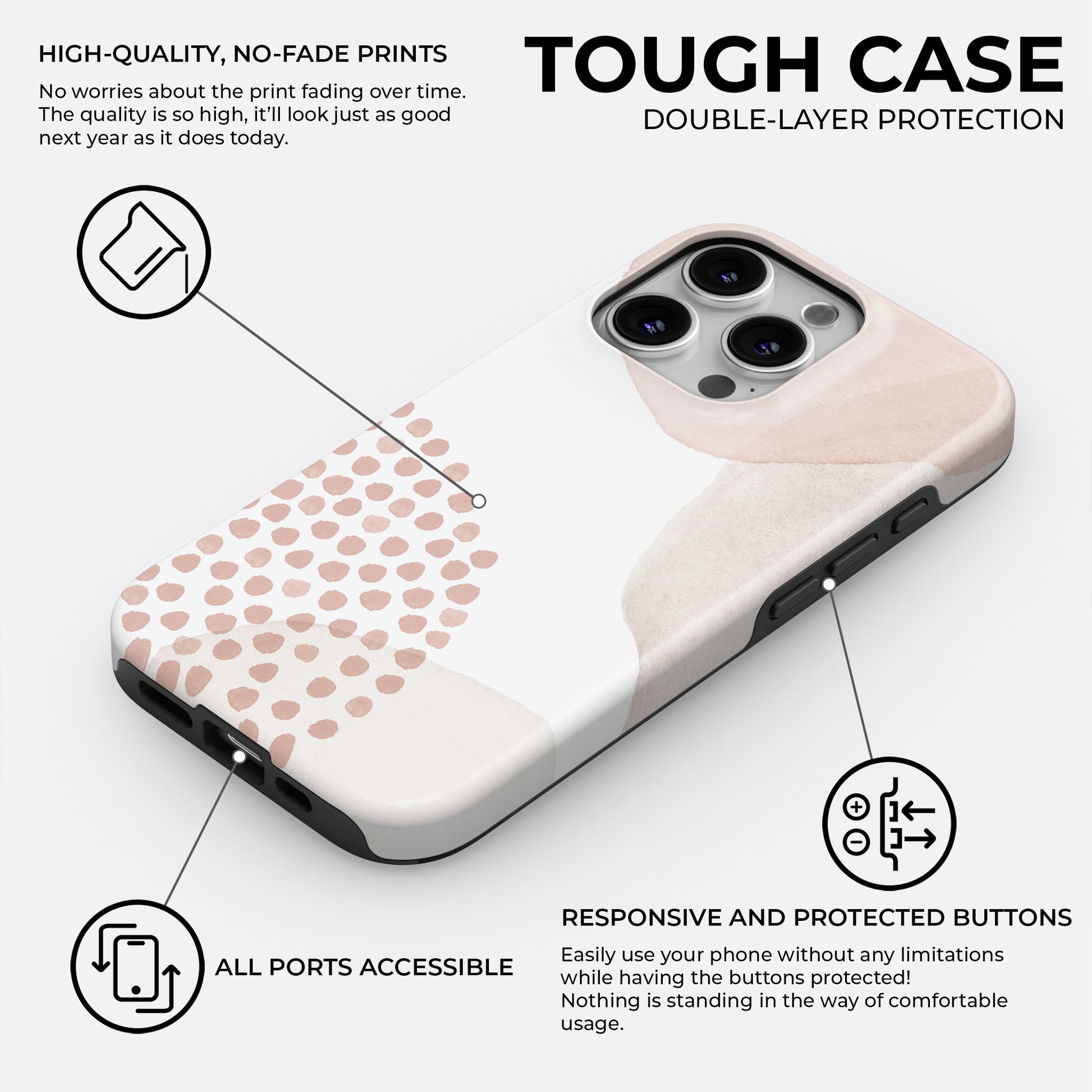 Minimalist beige and pink abstract dots tough phone case with double-layer protection and precise button cutouts