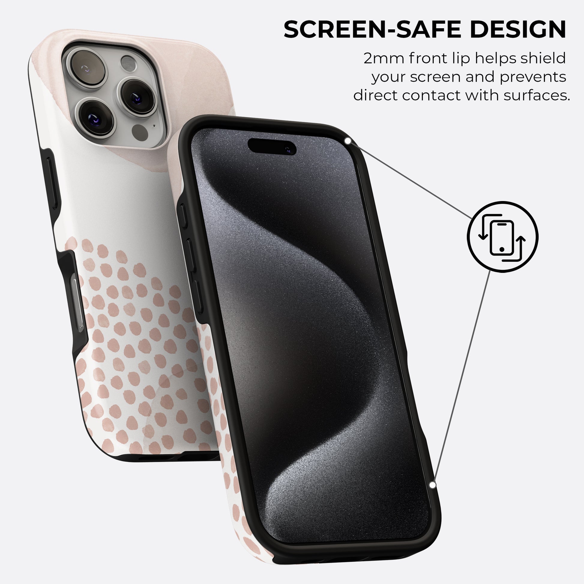 Minimalist beige abstract dots tough phone case with raised 2mm front lip screen-safe design to prevent surface contact
