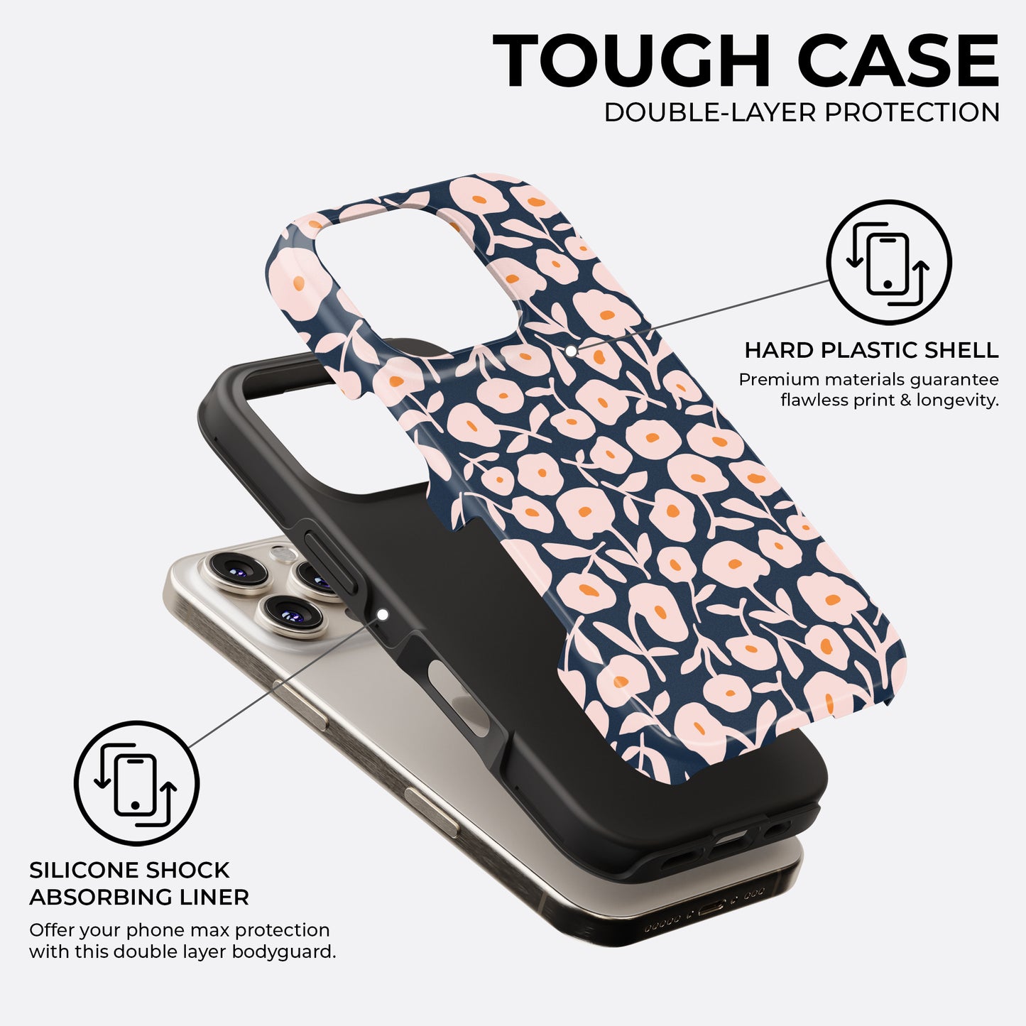 HaloCovers navy blue floral tough phone case with peach flower design, showing double-layer protection with hard plastic shell and inner silicone shock absorbing liner for maximum durability