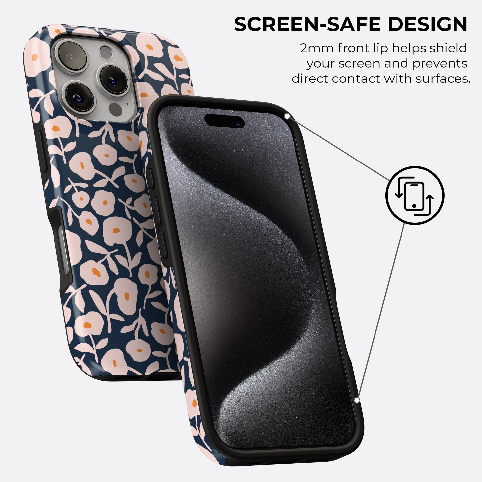 HaloCovers navy blue floral tough phone case featuring 2mm raised front lip for screen protection, preventing direct contact with surfaces and keeping your phone display safe