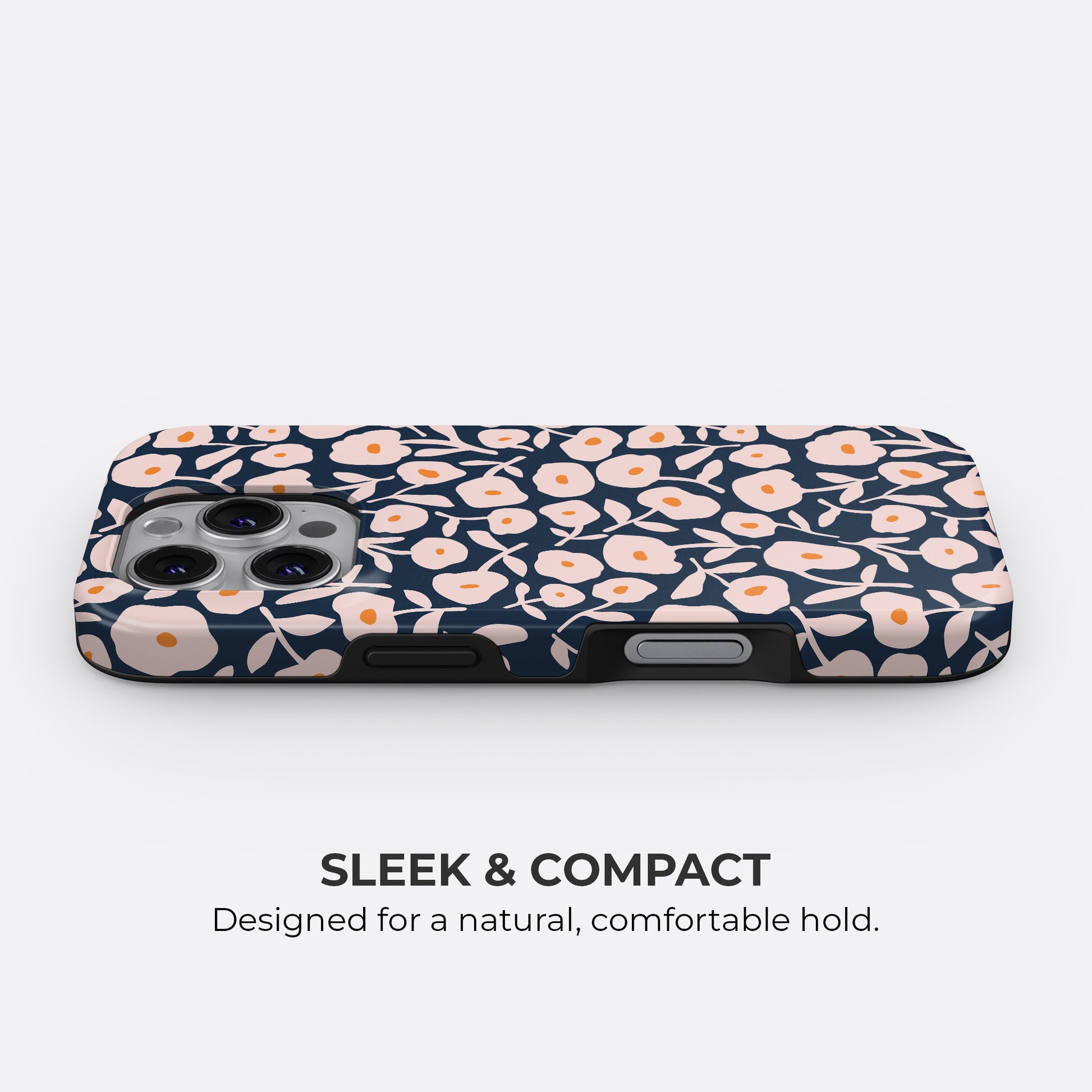 HaloCovers navy floral tough phone case with slim, compact design for a natural and comfortable hold, combining style and protection for your smartphone