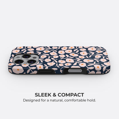 HaloCovers navy floral tough phone case with slim, compact design for a natural and comfortable hold, combining style and protection for your smartphone