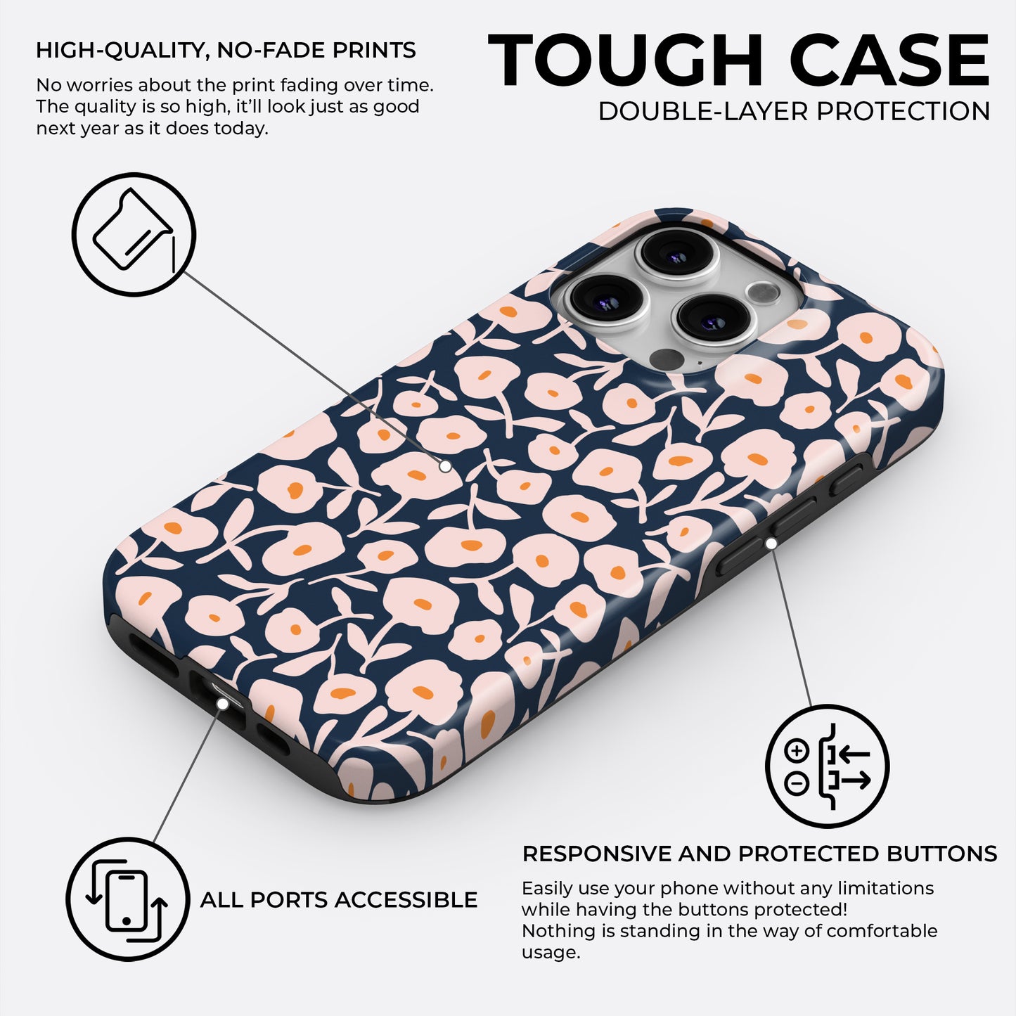 HaloCovers navy blue floral tough phone case with peach flowers, double-layer protection design featuring responsive buttons, precise cutouts, and no-fade high-quality print for iPhone, Samsung Galaxy, and Google Pixel