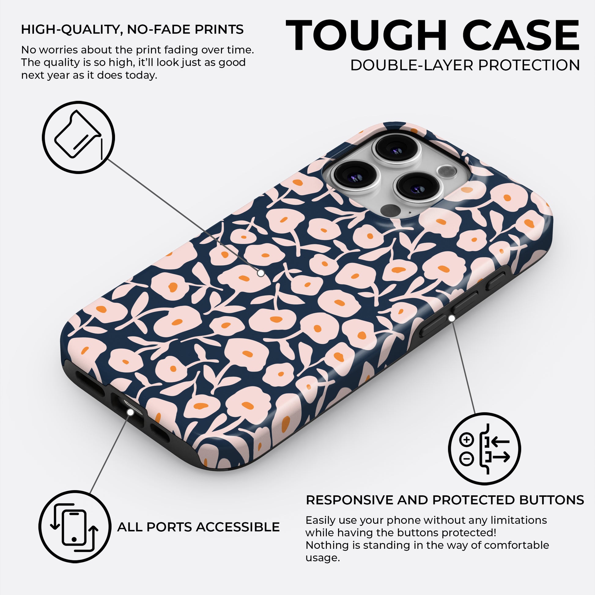 HaloCovers navy blue floral tough phone case with peach flowers, double-layer protection design featuring responsive buttons, precise cutouts, and no-fade high-quality print for iPhone, Samsung Galaxy, and Google Pixel