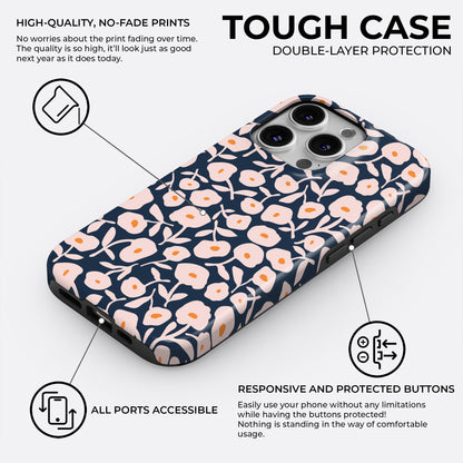 HaloCovers navy blue floral tough phone case with peach flowers, double-layer protection design featuring responsive buttons, precise cutouts, and no-fade high-quality print for iPhone, Samsung Galaxy, and Google Pixel