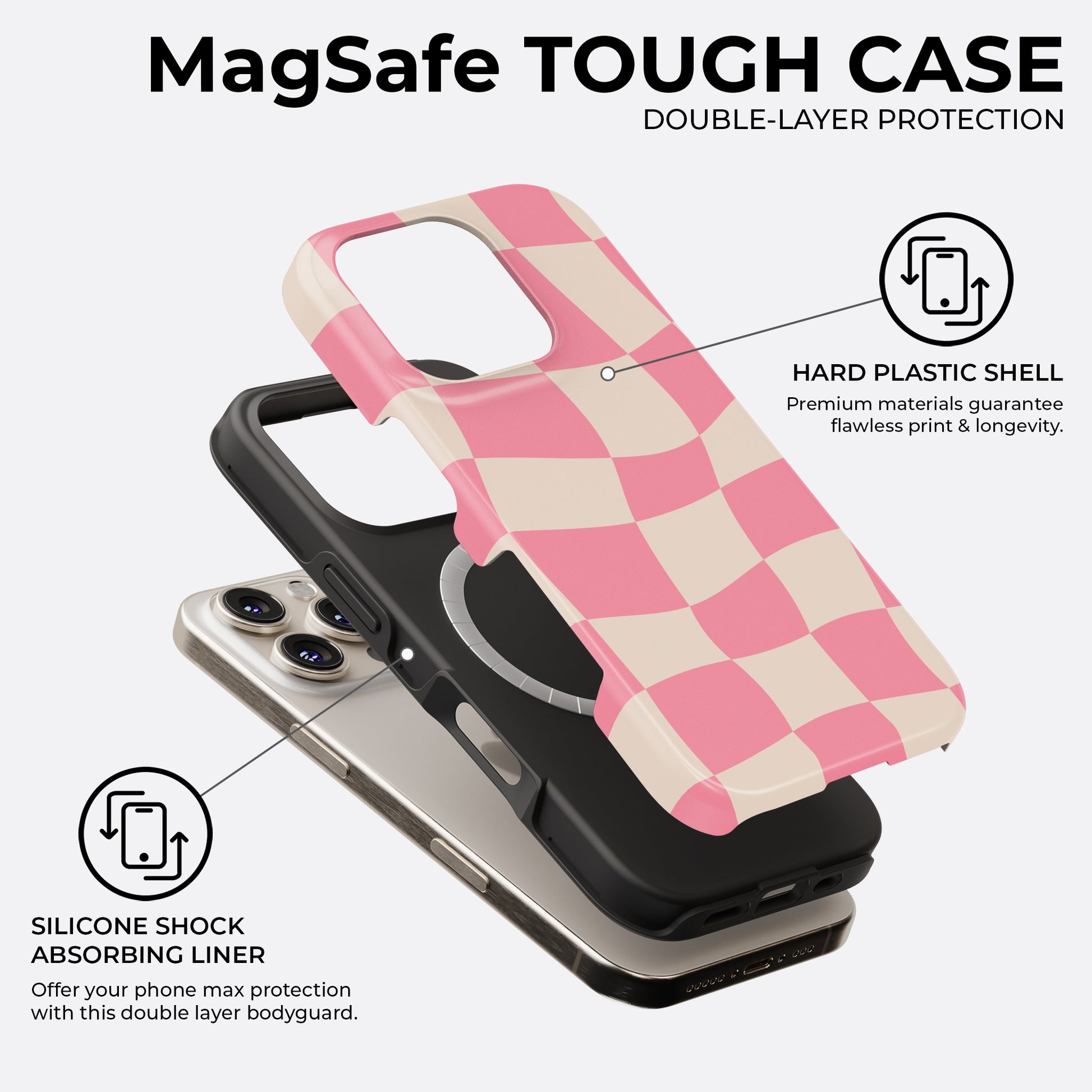 HaloCovers pink checkerboard MagSafe tough case with double-layer protection, hard plastic shell and shock absorbing silicone liner for iPhone, Samsung Galaxy and Google Pixel
