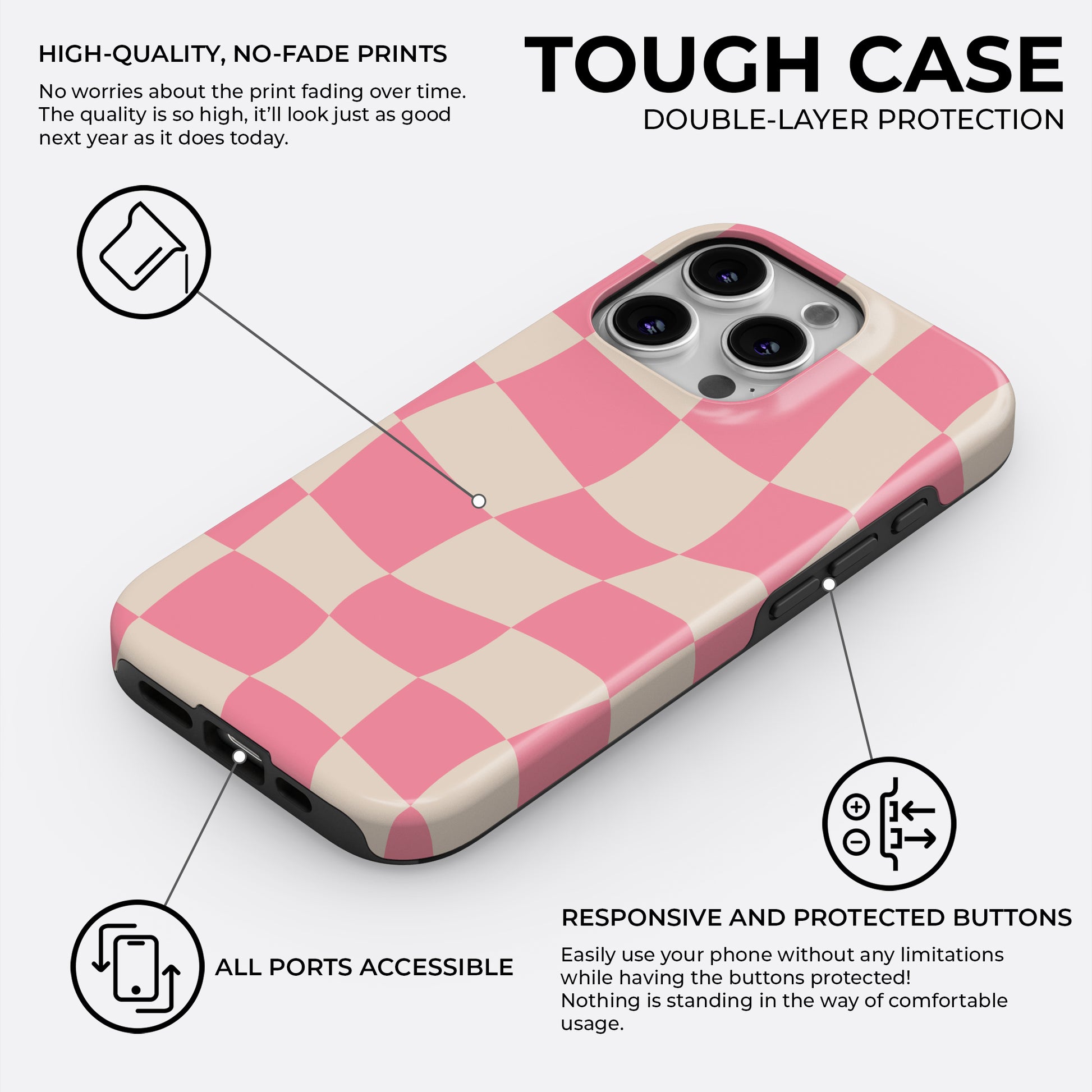 HaloCovers pink checkerboard tough case with wavy retro design, double-layer protection featuring hard plastic shell and silicone shock absorbing liner for durable phone protection