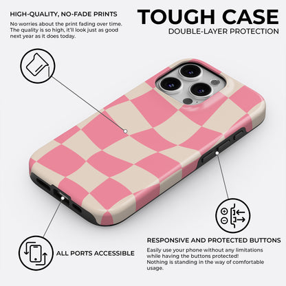 HaloCovers pink checkerboard tough case with wavy retro design, double-layer protection featuring hard plastic shell and silicone shock absorbing liner for durable phone protection