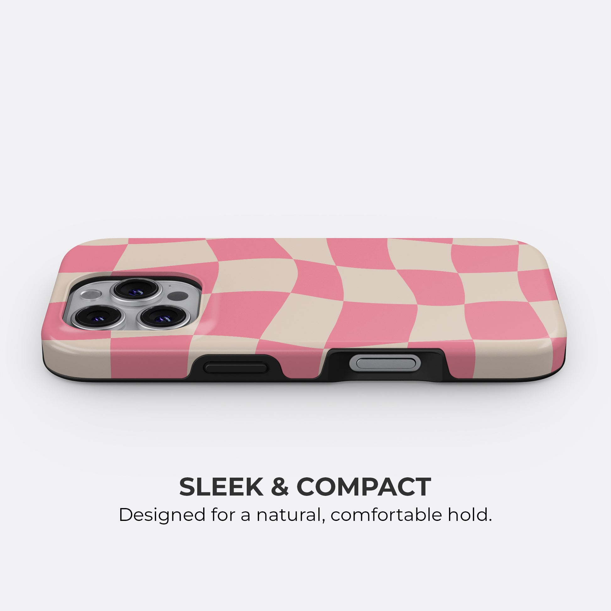HaloCovers pink checkerboard tough phone case with sleek and compact slim profile, retro aesthetic and double layer protection for iPhone, Samsung, and Google Pixel