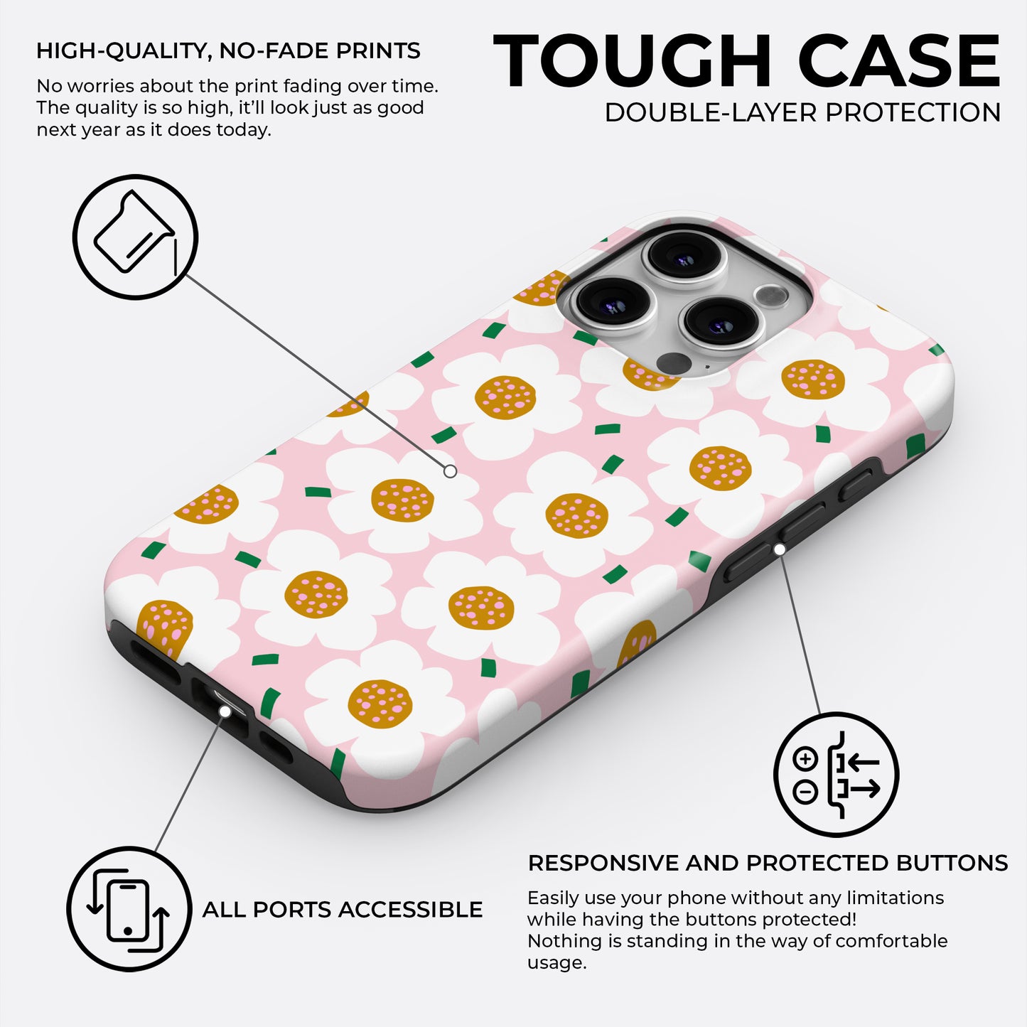 HaloCovers pink daisy floral tough phone case with white flowers on pastel pink background, featuring hard plastic shell and silicone liner for double-layer protection, compatible with iPhone, Samsung Galaxy and Google Pixel