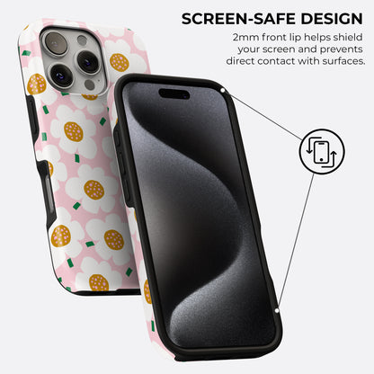 HaloCovers pink daisy floral tough phone case with 2mm raised front lip design for screen protection, durable shockproof cover compatible with iPhone, Samsung Galaxy, and Google Pixel