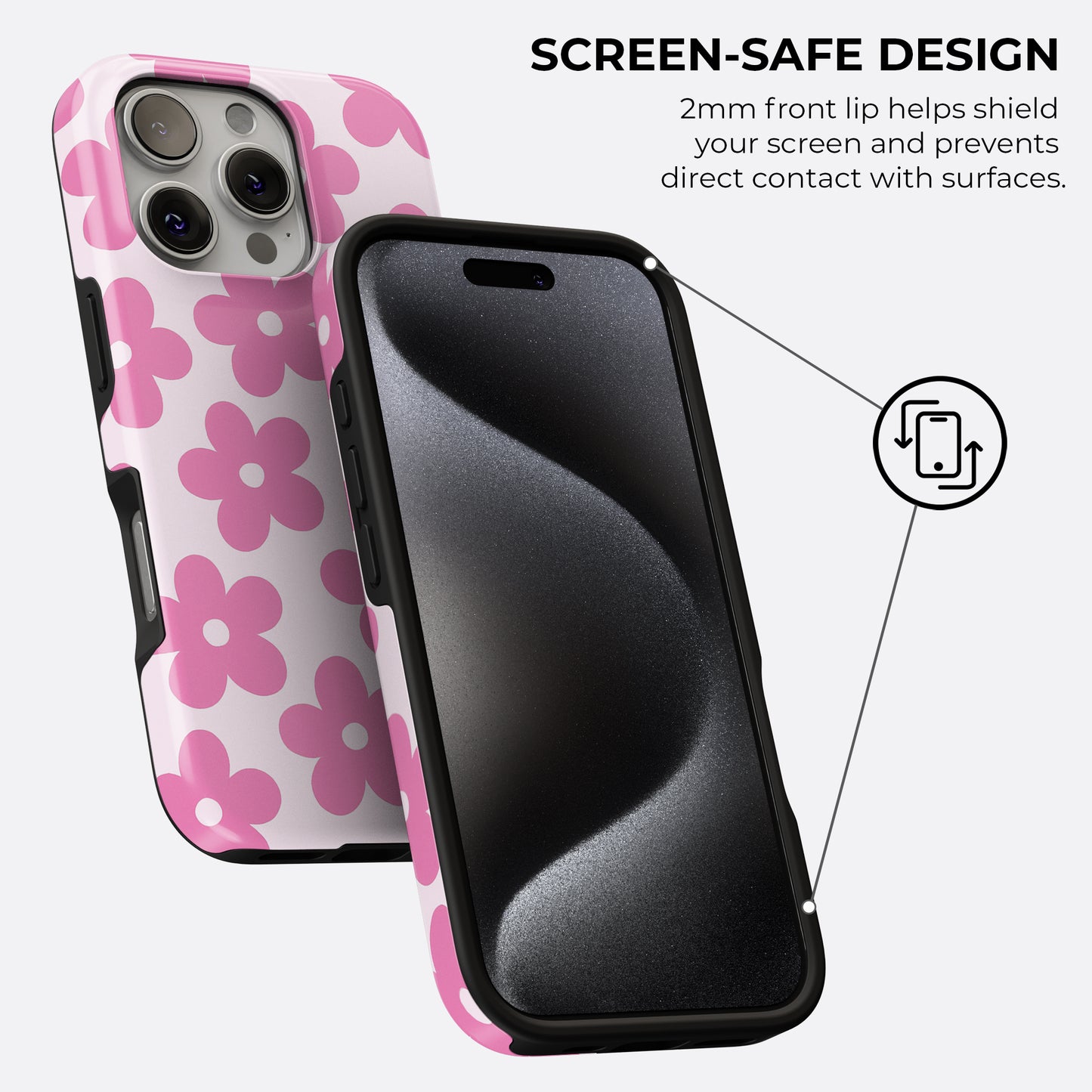 Pink daisy floral phone case with soft pink background, featuring screen-safe design with 2mm raised lip for added screen protection by Casiden