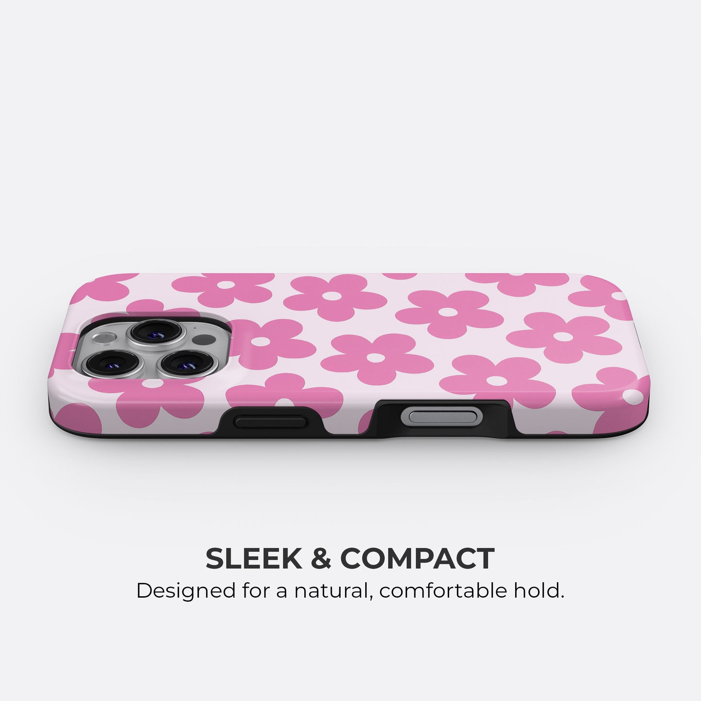 Pink daisy floral phone case with white and pink design, featuring a sleek and compact fit for a natural comfortable hold by Casiden