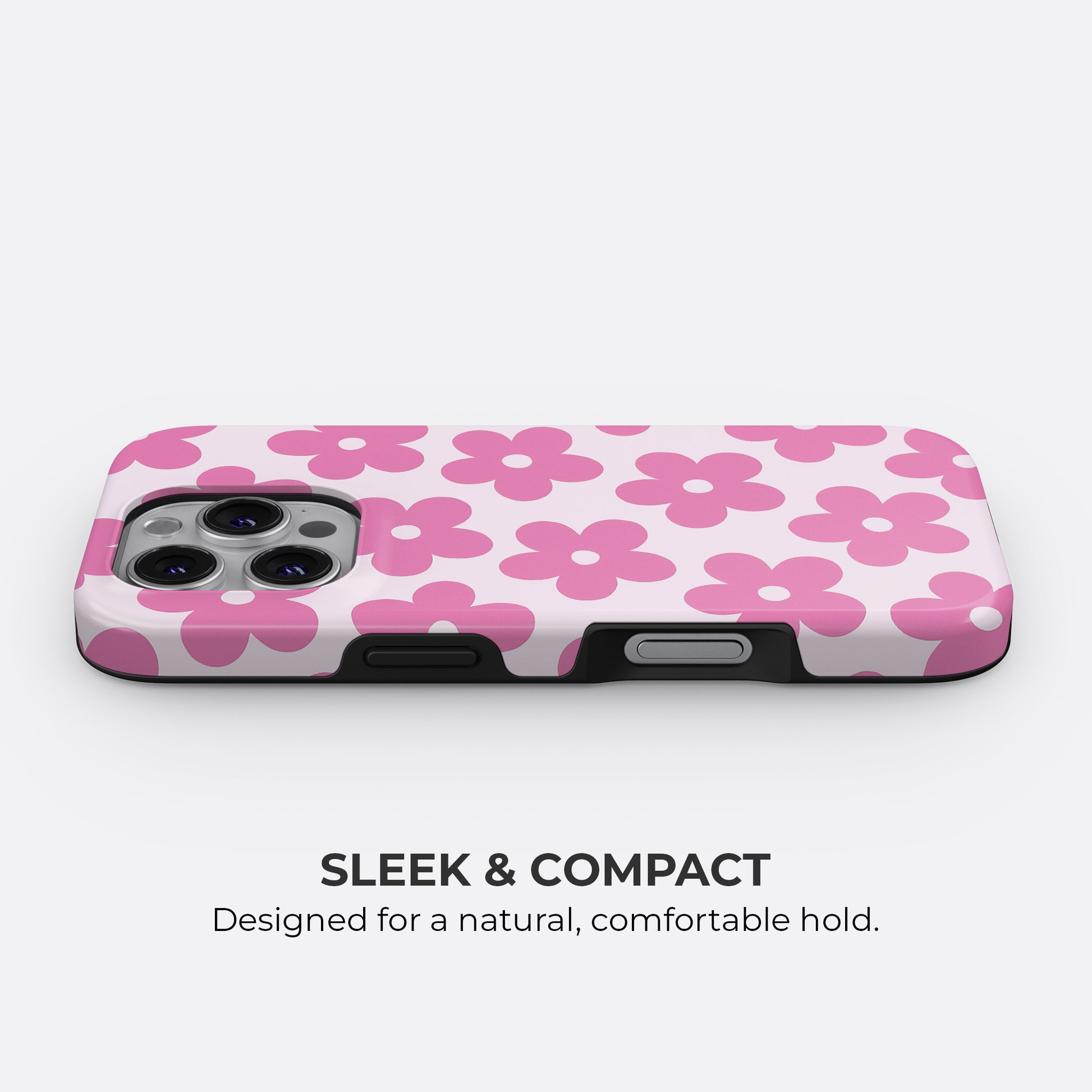 Pink daisy floral phone case with white and pink design, featuring a sleek and compact fit for a natural comfortable hold by Casiden