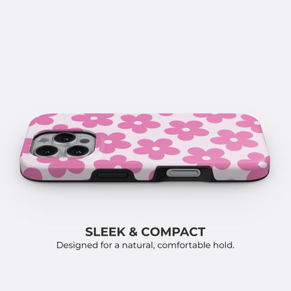 Pink daisy floral phone case with white and pink design, featuring a sleek and compact fit for a natural comfortable hold by Casiden