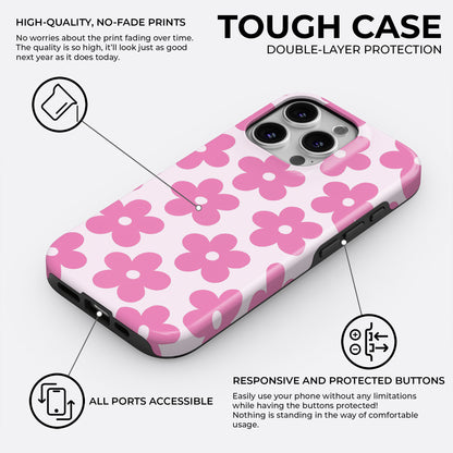 Pink daisy floral phone case with white background, featuring tough double-layer protection, responsive buttons, and durable non-fade print by Casiden