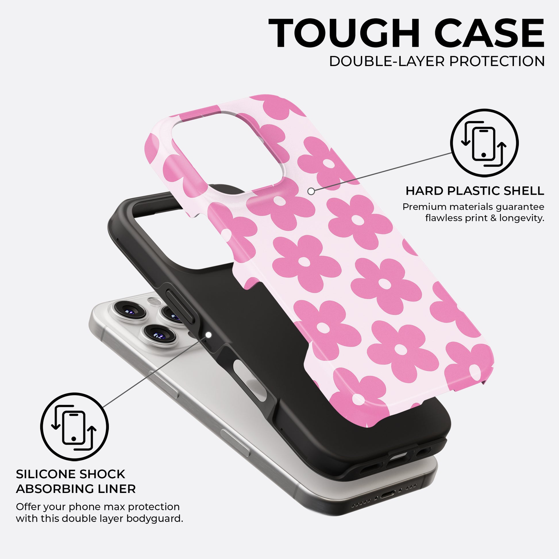 Pink daisy floral phone case with soft pink background, showing double-layer protection with hard plastic shell and silicone shock-absorbing liner by Casiden