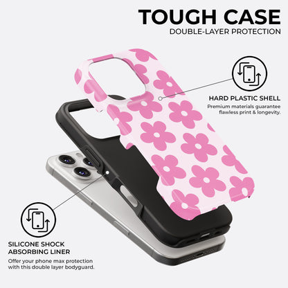 Pink daisy floral phone case with soft pink background, showing double-layer protection with hard plastic shell and silicone shock-absorbing liner by Casiden