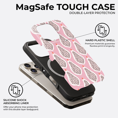 Pink dragon fruit MagSafe tough phone case showing double layer protection with hard plastic shell and silicone liner
