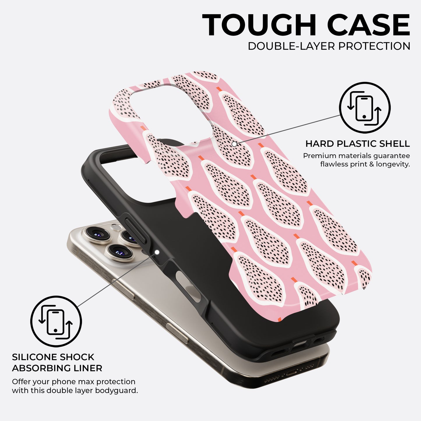 Pink dragon fruit tough phone case showing double layer protection with hard plastic shell and silicone shock absorbing liner