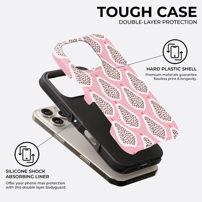 Pink dragon fruit tough phone case showing double layer protection with hard plastic shell and silicone shock absorbing liner