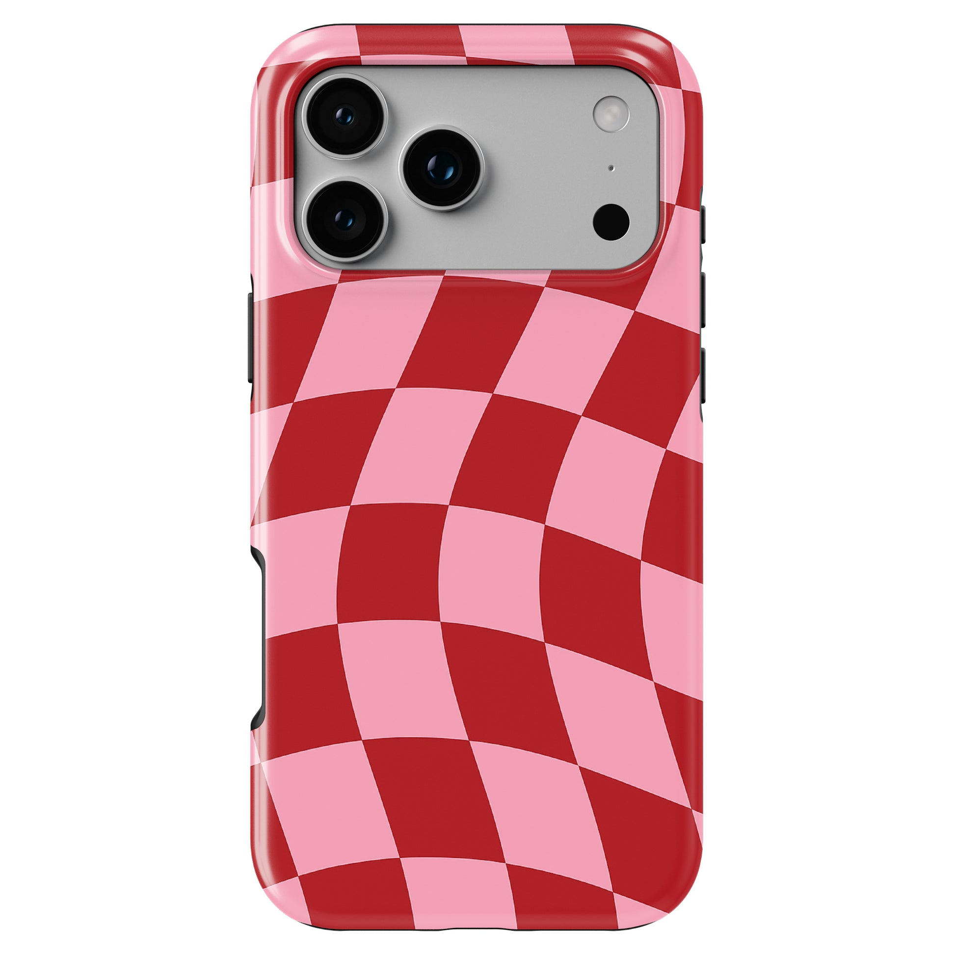 Pink and red checker phone case by Casiden featuring a retro wavy checkered pattern with glossy finish and bold aesthetic