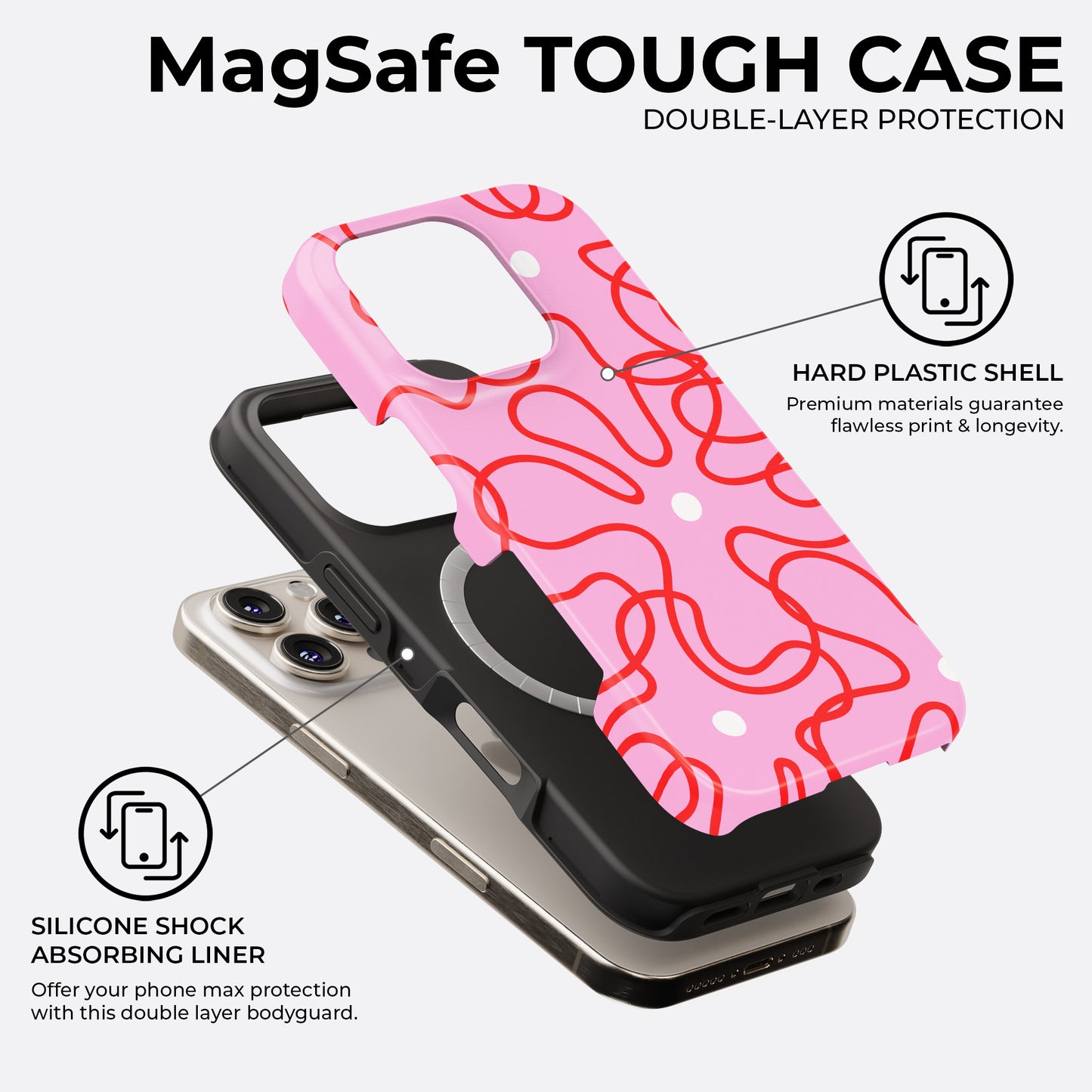 HaloCovers pink abstract squiggle MagSafe tough phone case with white dots, double-layer protection featuring hard plastic shell and silicone shock absorbing liner for iPhone, Samsung Galaxy, and Google Pixel