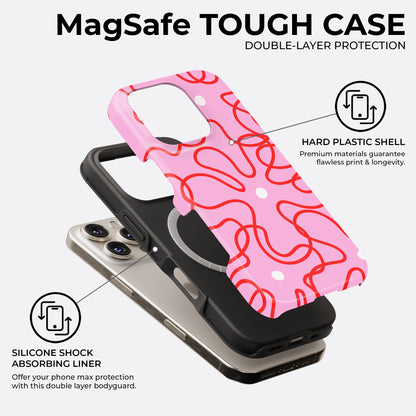 HaloCovers pink abstract squiggle MagSafe tough phone case with white dots, double-layer protection featuring hard plastic shell and silicone shock absorbing liner for iPhone, Samsung Galaxy, and Google Pixel