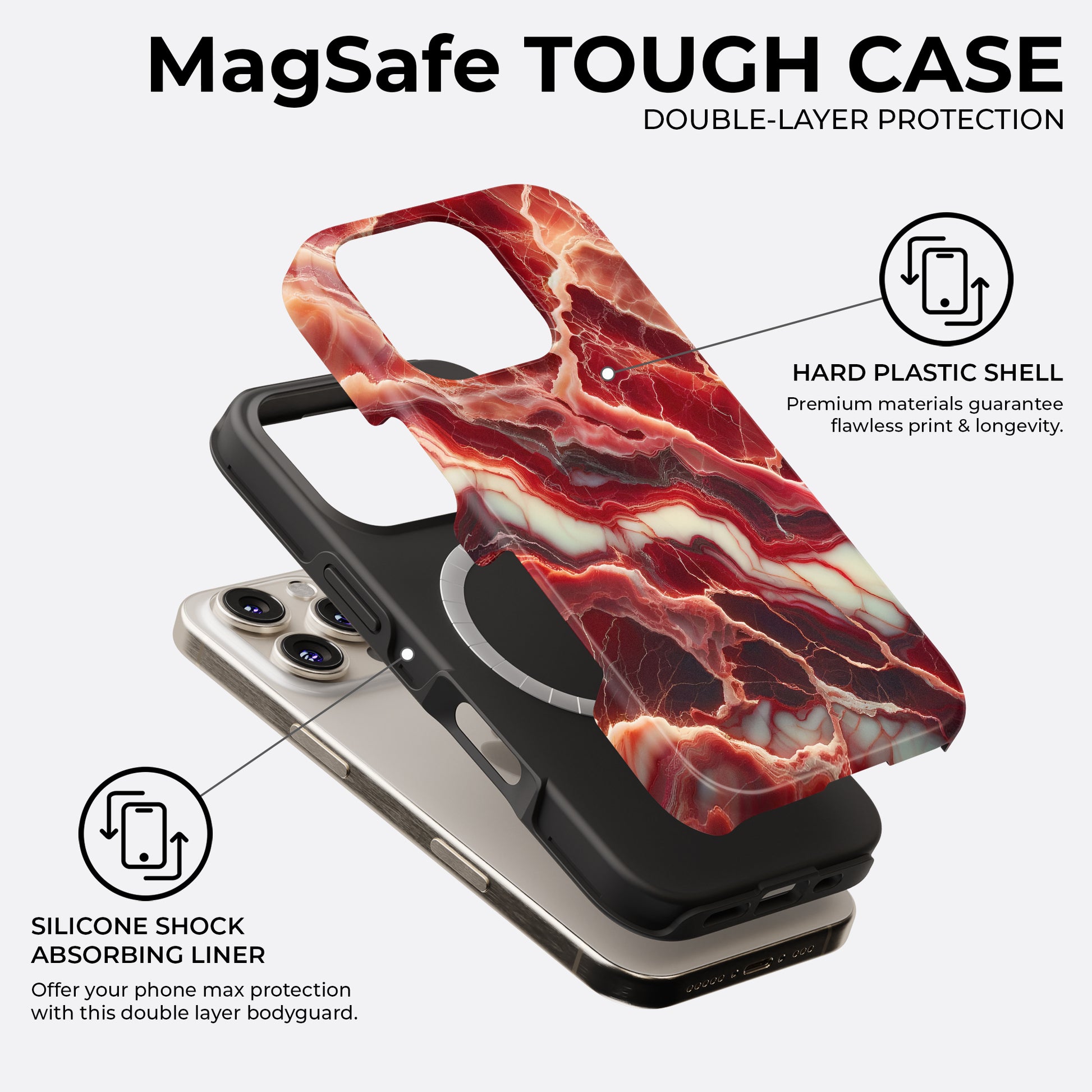 Red marble MagSafe tough phone case showing double-layer protection with hard plastic shell and silicone shock liner