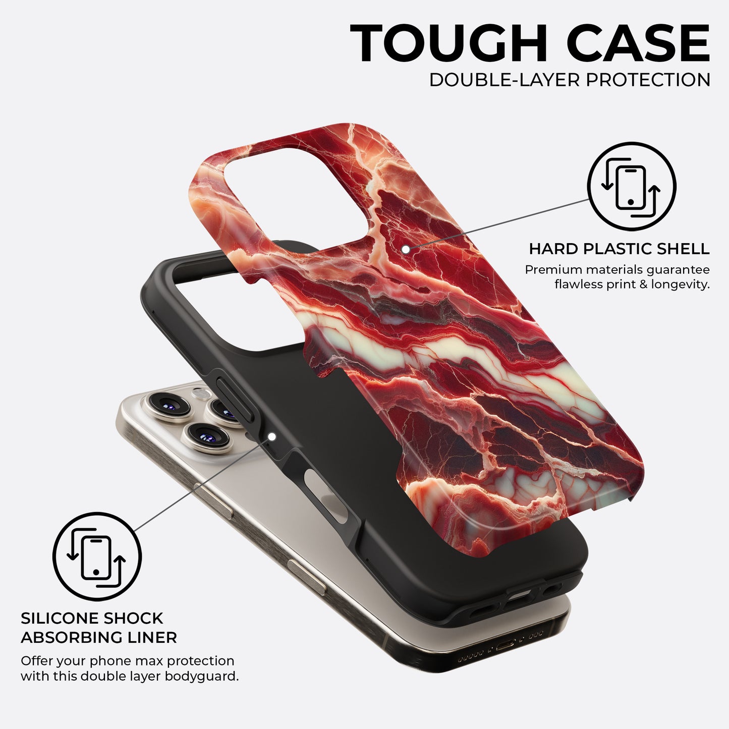 Red marble tough phone case showing double-layer protection with hard plastic shell and silicone shock-absorbing liner