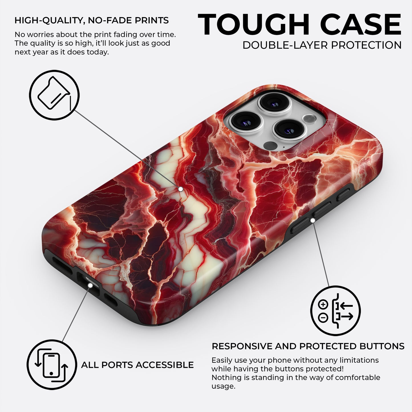 Red marble tough phone case with double-layer protection and shock-absorbing liner