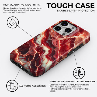 Red marble tough phone case with double-layer protection and shock-absorbing liner