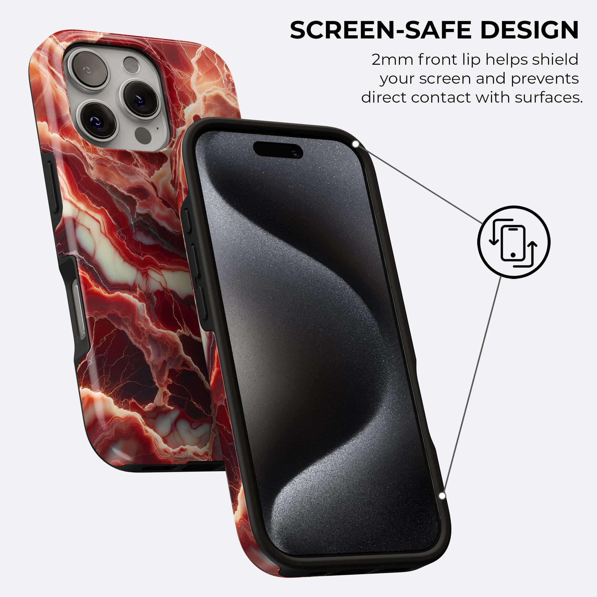Red marble tough phone case showing screen-safe design with raised front lip for screen protection and surface impact resistance