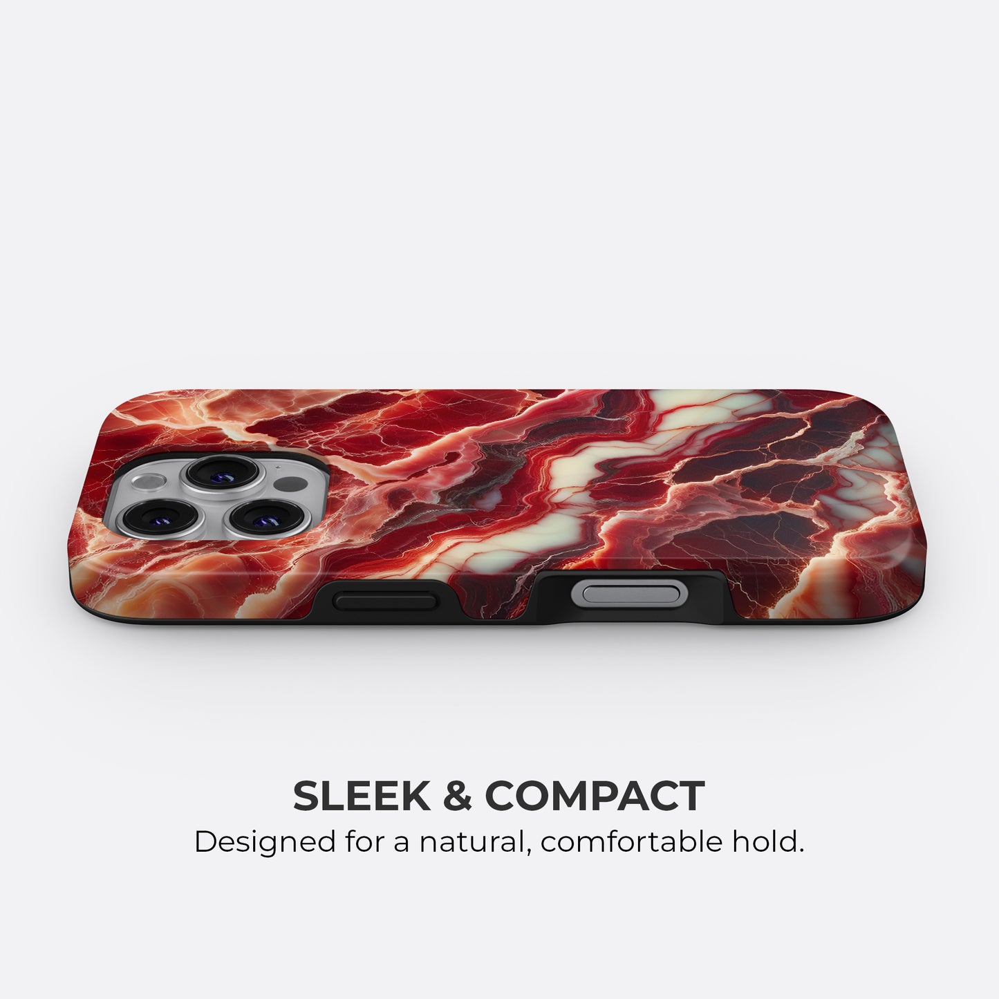 Red marble tough phone case with sleek and compact design, showing slim profile and comfortable hold