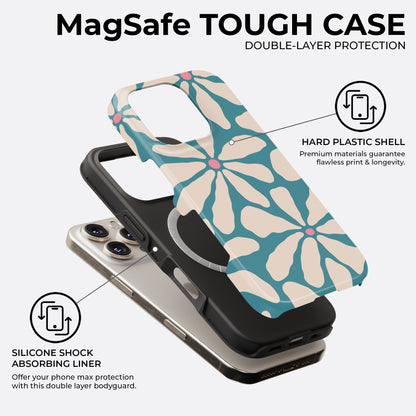HaloCovers retro floral MagSafe tough case with teal blue flower petals and pink centers, double-layer design with silicone shock absorbing liner and hard plastic shell for maximum phone protection