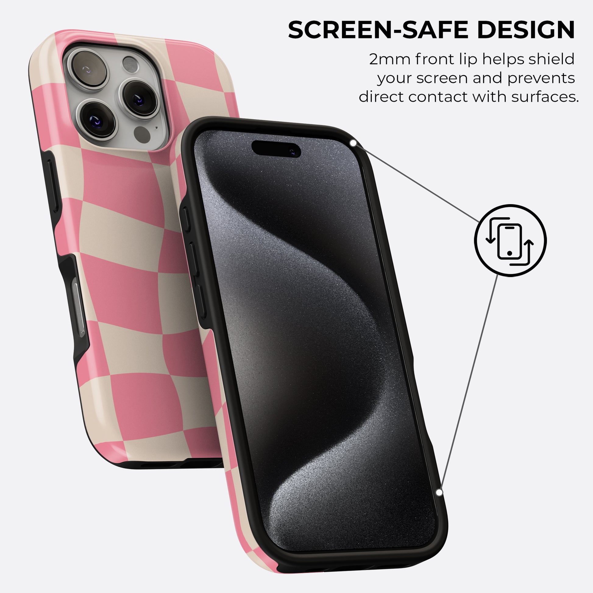 HaloCovers retro pink checkerboard tough phone case with 2mm raised screen-safe design, double-layer shock protection and stylish wavy checkered pattern
