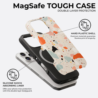 Terrazzo color splash MagSafe tough phone case showing double-layer protection with hard plastic shell and silicone shock absorbing liner