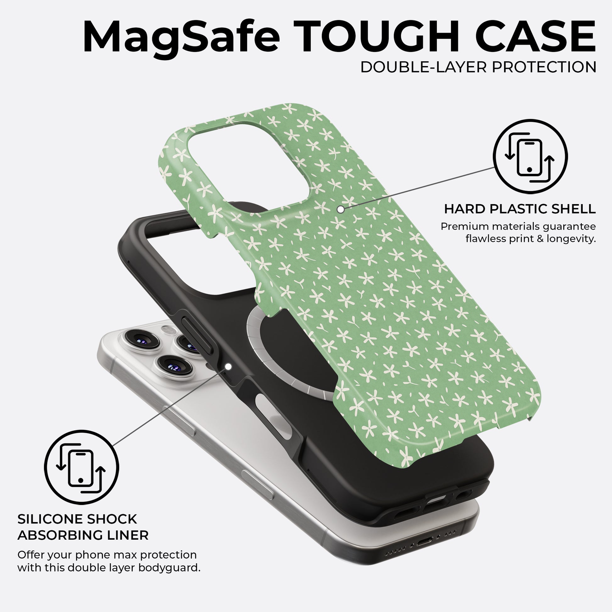 Tiny white flowers MagSafe tough phone case showing double-layer protection with hard plastic shell and silicone liner by HaloCovers