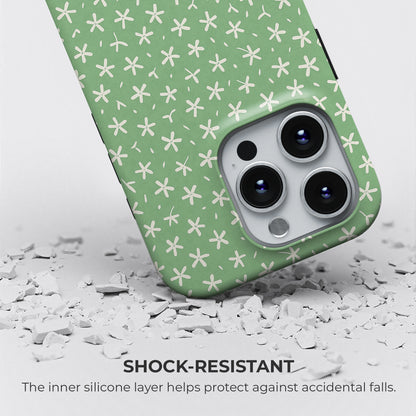 Tiny white flowers tough phone case showing shock-resistant protection with inner silicone liner for drops and impacts by HaloCovers