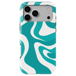 Turquoise and white abstract wave phone case by Casiden featuring a modern fluid design with a glossy minimalist finish