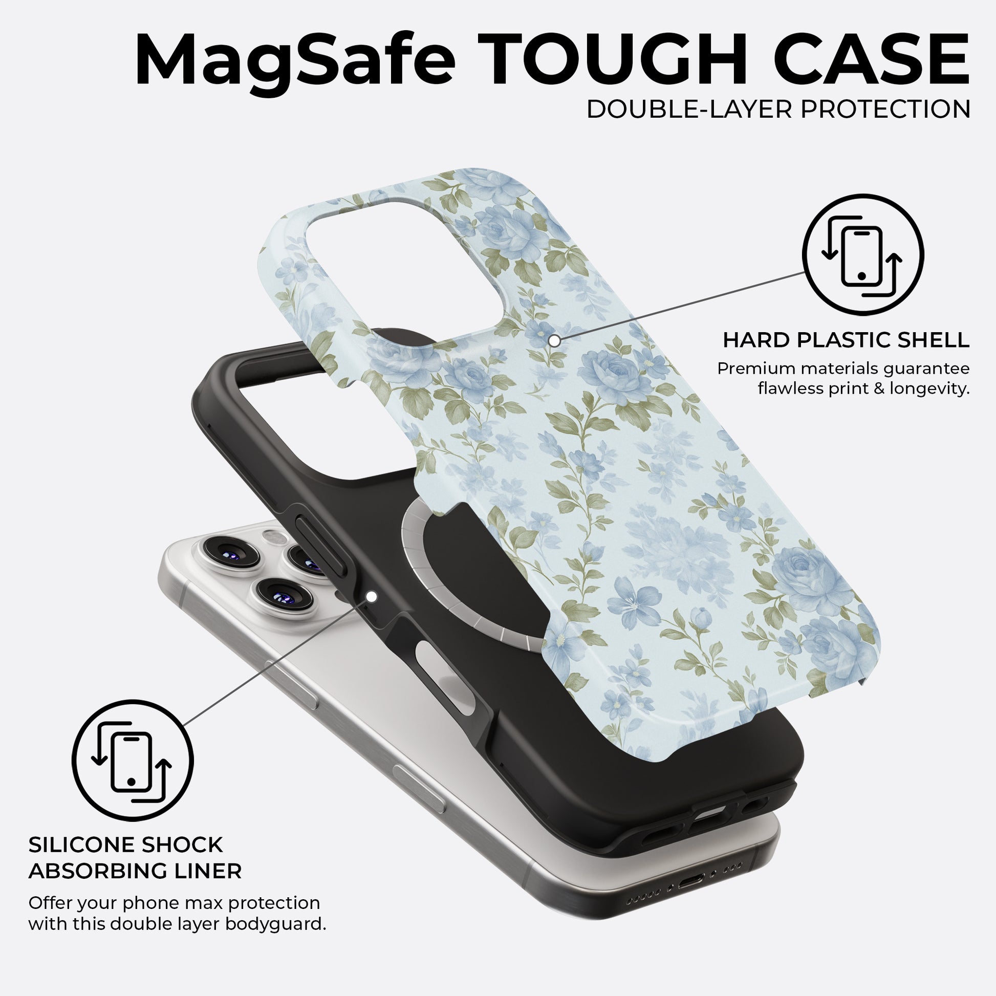 Vintage blue floral MagSafe tough phone case with double-layer protection and silicone shock absorbing liner by HaloCovers