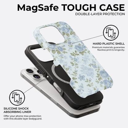 Vintage blue floral MagSafe tough phone case with double-layer protection and silicone shock absorbing liner by HaloCovers
