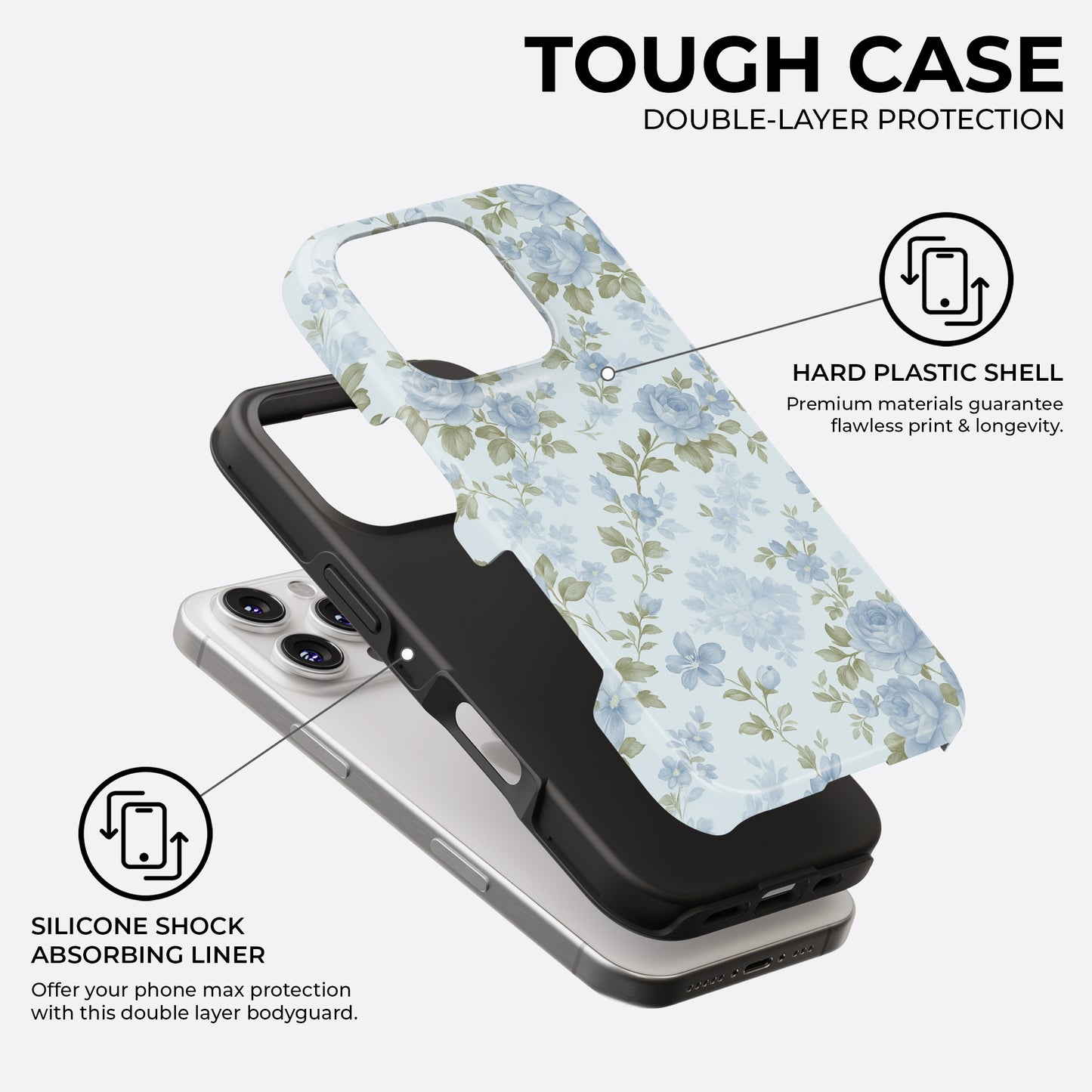Vintage blue floral tough phone case showing hard plastic shell and silicone shock absorbing liner with double-layer protection by HaloCovers