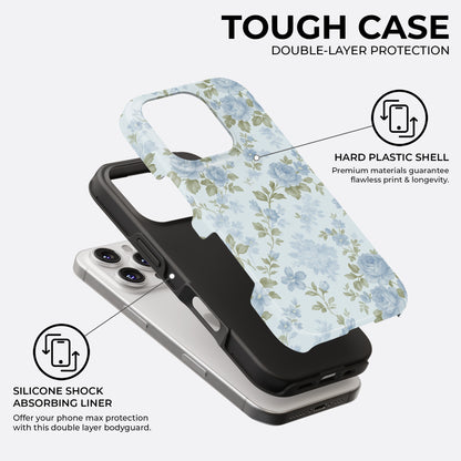 Vintage blue floral tough phone case showing hard plastic shell and silicone shock absorbing liner with double-layer protection by HaloCovers