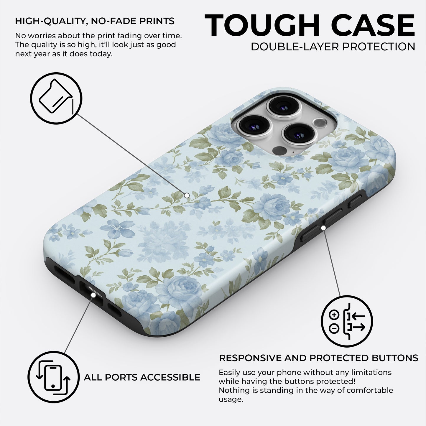 Vintage blue floral tough phone case with double-layer protection, responsive buttons and high-quality no-fade print by HaloCovers